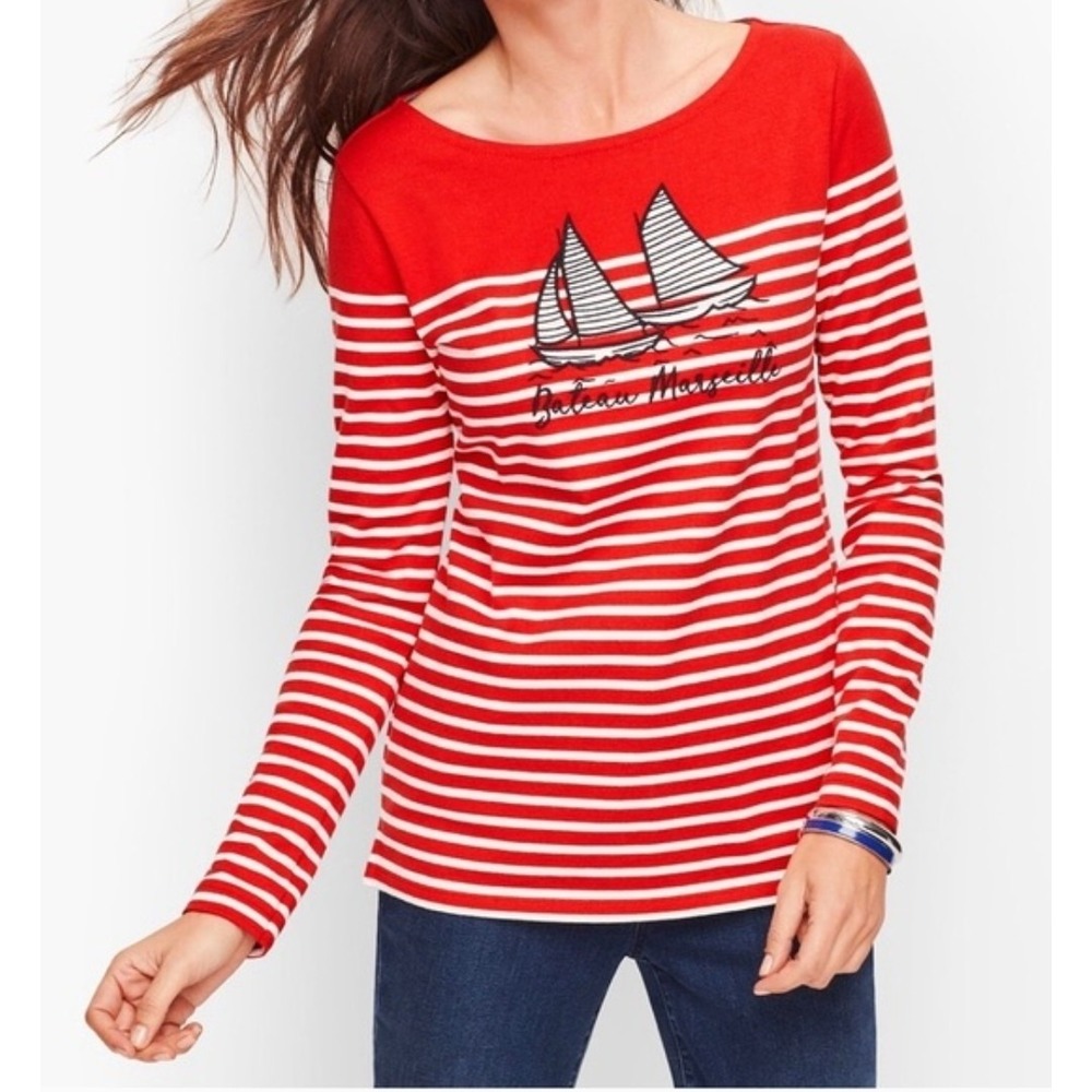 Talbots‎ Shirt Women Sz XL p Embroidered Petit XL Nautical Red/ White Stripe